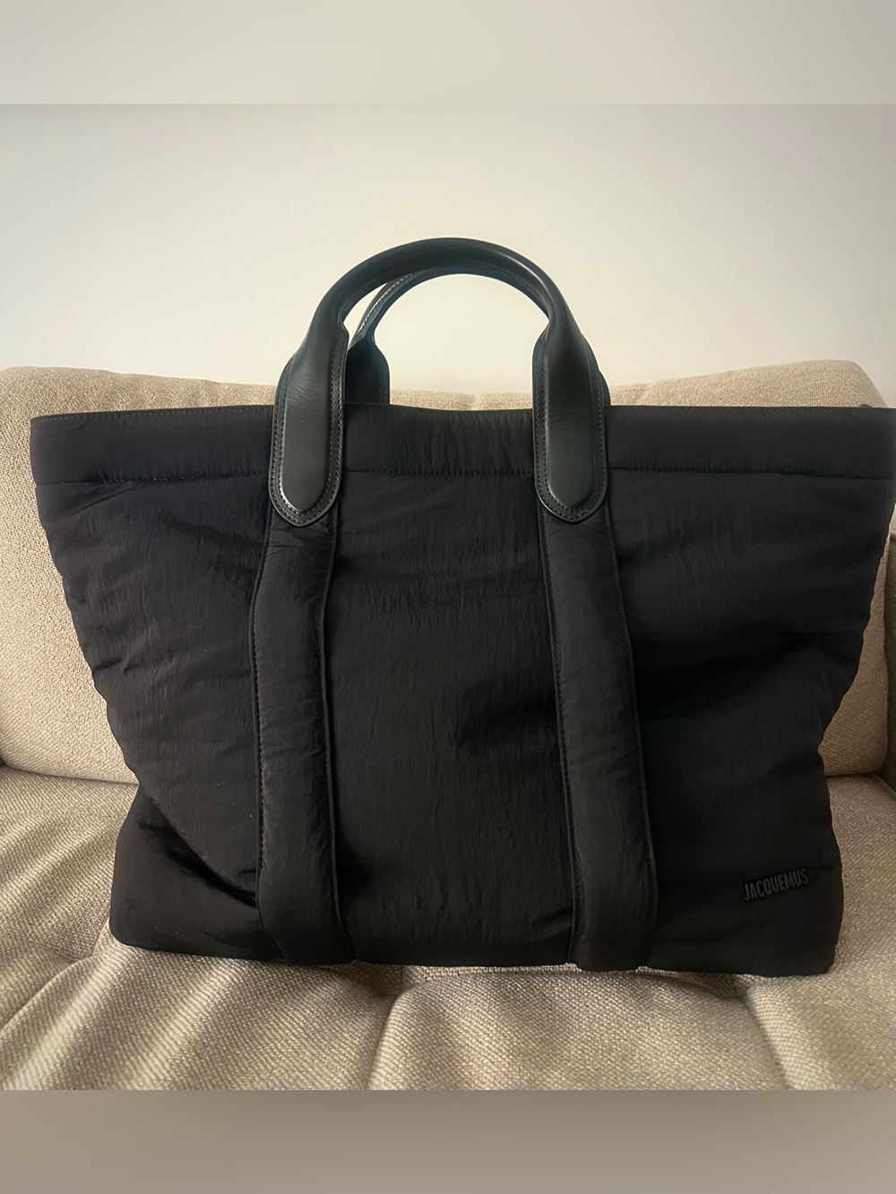 Jacquemus Black Quilted Tote with Leather Handles and leather interior details